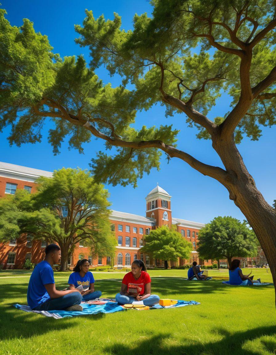 A vibrant campus scene at Albany State University showcasing diverse students engaged in various activities such as studying under a tree, playing frisbee, and enjoying a picnic. The backdrop features iconic university buildings with a bright blue sky and lush greenery, illustrating a sense of community and college life. Include elements like books, laptops, and coffee cups to emphasize academics amidst social interactions. super-realistic. vibrant colors. lively atmosphere.