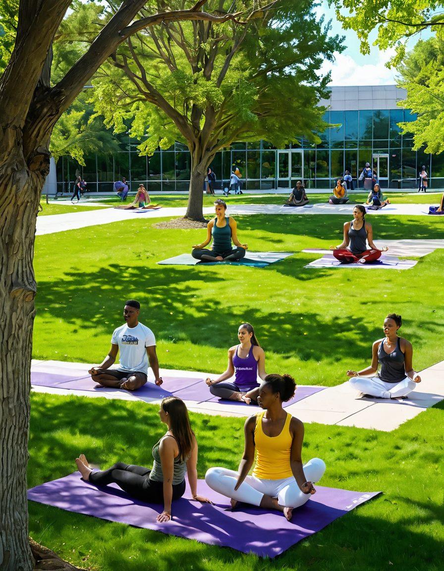 A bright and inviting campus scene at UAlbany, showcasing students engaged in various wellness activities such as yoga, studying in vibrant green spaces, and enjoying friendly outdoor gatherings. The atmosphere is filled with uplifting colors like sunny yellows and calming greens, symbolizing positivity and well-being. Incorporate artistic elements that capture joy and community spirit. super-realistic. vibrant colors. white background.