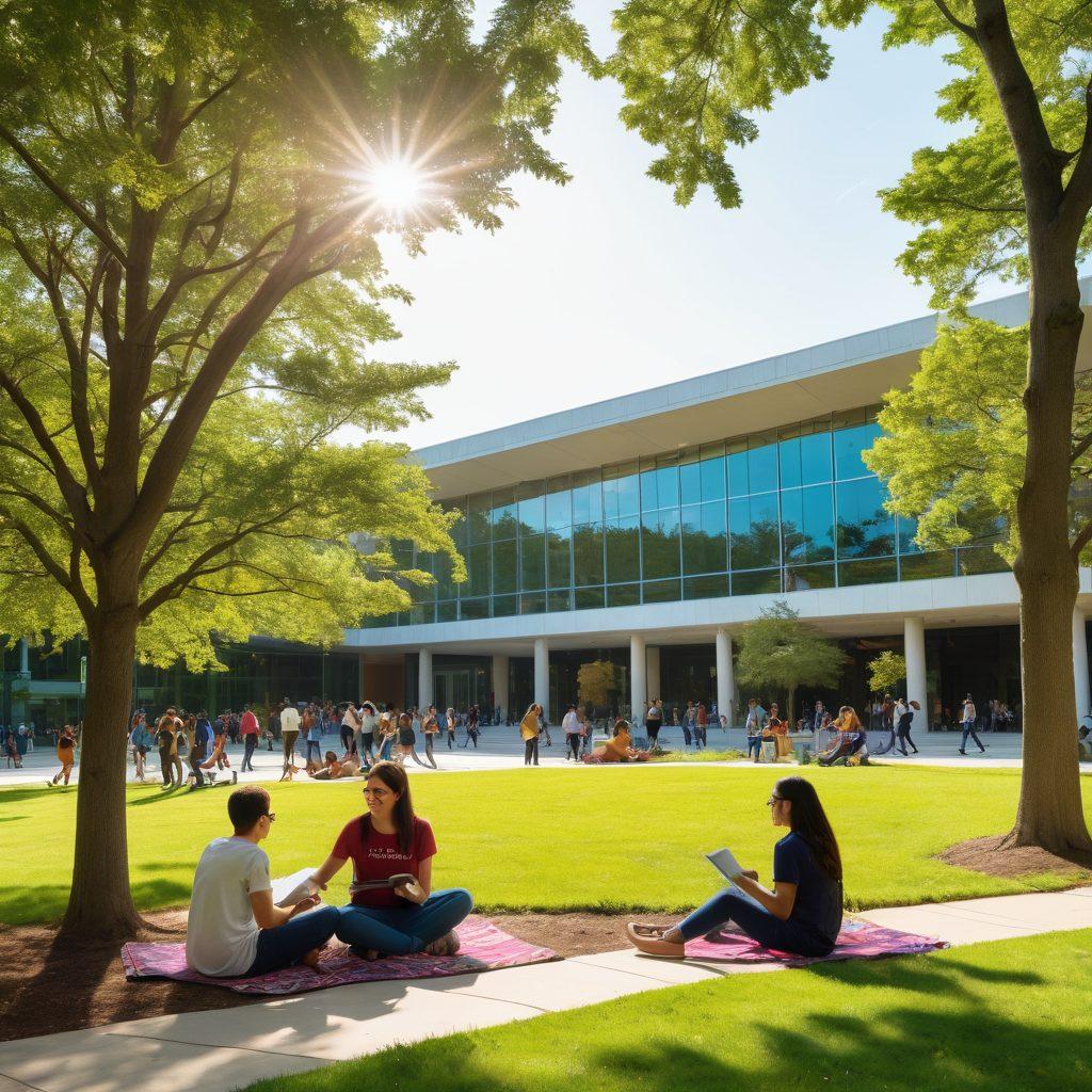 A vibrant college campus filled with happy students engaged in various activities like studying under trees, sharing laughter, participating in art classes, and enjoying outdoor events. Soft sunlight filters through greenery, showcasing diverse groups of friends building connections. In the background, iconic UAlbany architecture subtly blends with nature, symbolizing tradition and innovation. The overall mood radiates joy and excitement. super-realistic. vibrant colors. white background.